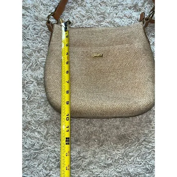 ERIC JAVIT Brown Beige Woven Straw Shoulder Crossbody Bag Leather Strap - Picture 7 of 12